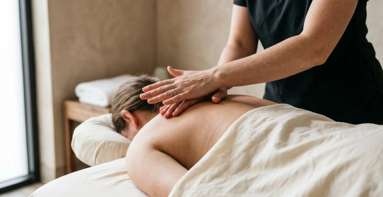 Mains de thérapeute appliquant une pression douce sur les muscles du dos d'un client en état de relaxation profonde
