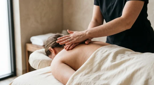 Mains de thérapeute appliquant une pression douce sur les muscles du dos d'un client en état de relaxation profonde