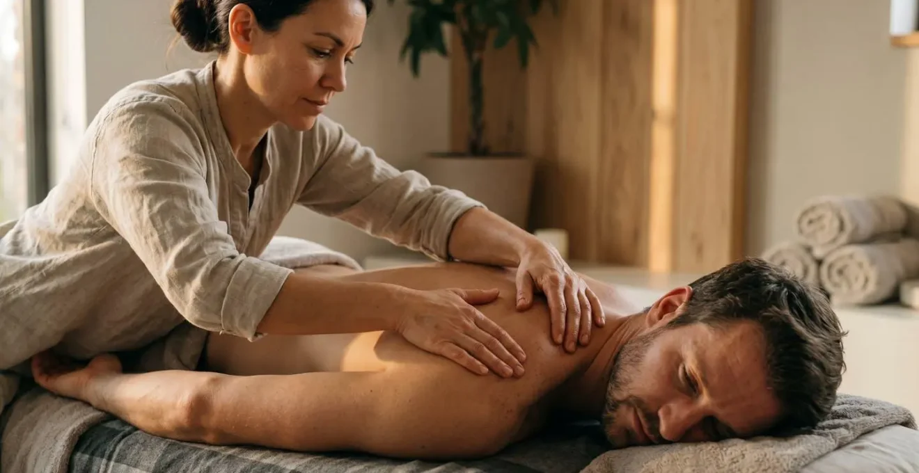 Mains expertes pratiquant un massage structuré sur une épaule pour favoriser la réparation musculaire