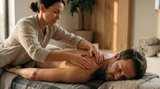 Mains expertes pratiquant un massage structuré sur une épaule pour favoriser la réparation musculaire