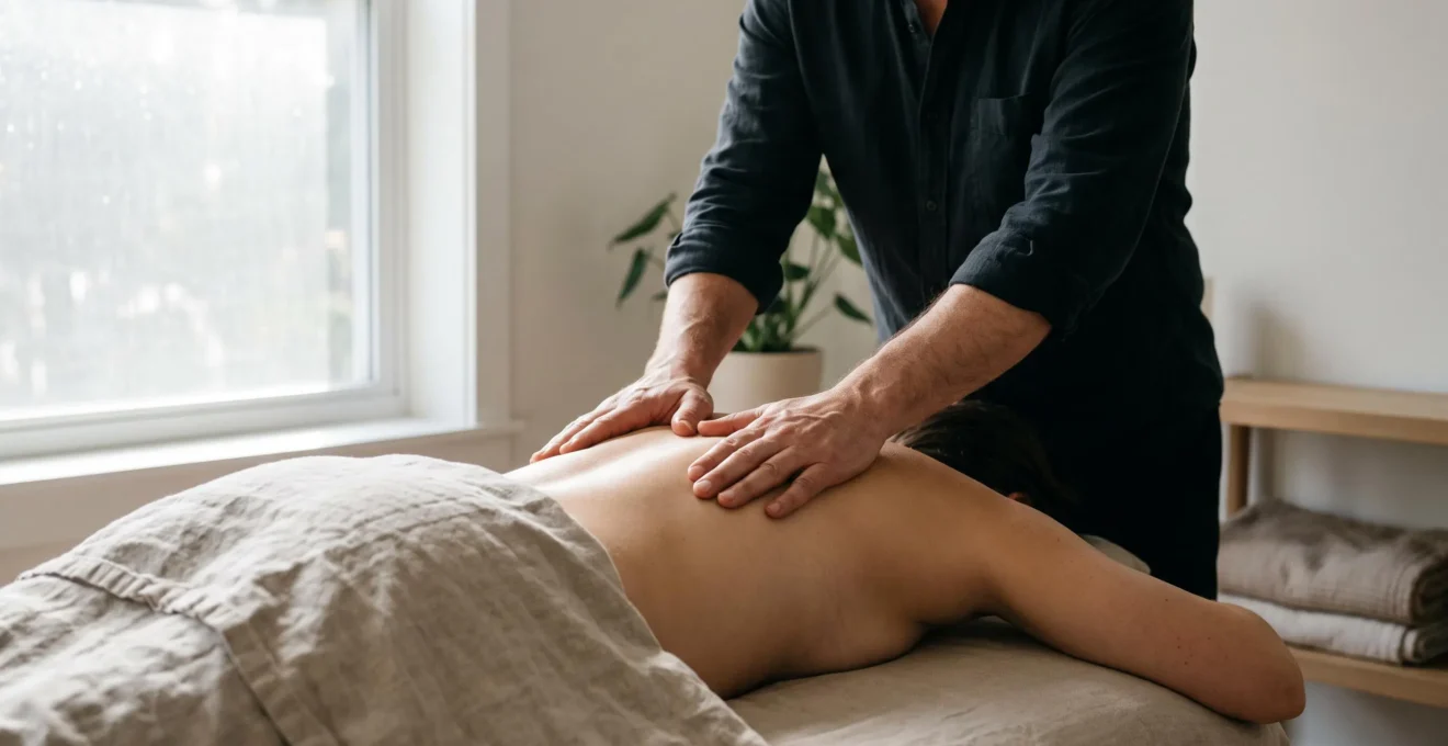 Praticien de massage identifiant avec precision les groupes musculaires majeurs sur le dos d'un client