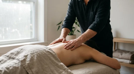 Praticien de massage identifiant avec precision les groupes musculaires majeurs sur le dos d'un client