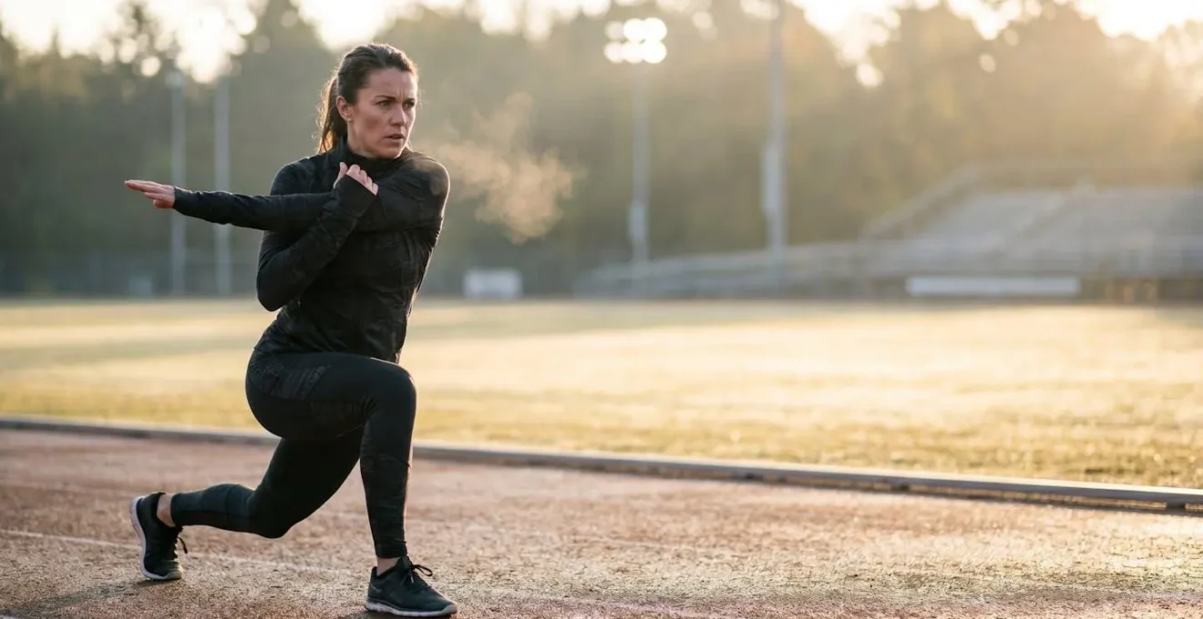 Athlète s'étirant au lever du jour avant une séance d'entraînement matinale, illustrant le réveil musculaire