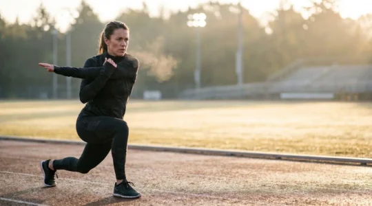 Athlète s'étirant au lever du jour avant une séance d'entraînement matinale, illustrant le réveil musculaire