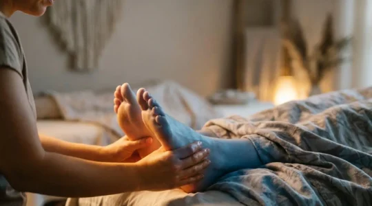 Mains chaudes d'un praticien enveloppant les pieds froids d'un client sedentaire pour stimuler la circulation sanguine