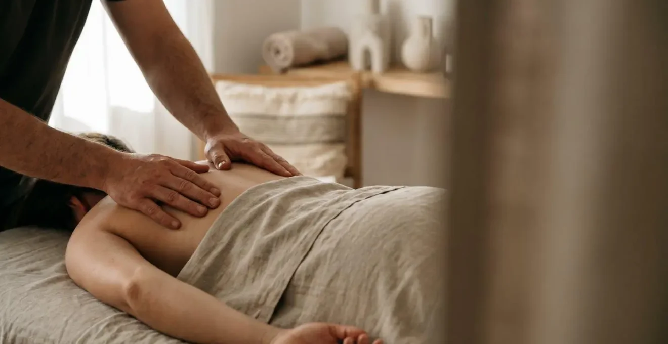Gros plan sur les mains d'un praticien de massage effectuant un scan corporel sur le haut du dos d'un client pour repérer une zone de tension