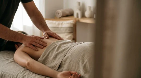 Gros plan sur les mains d'un praticien de massage effectuant un scan corporel sur le haut du dos d'un client pour repérer une zone de tension