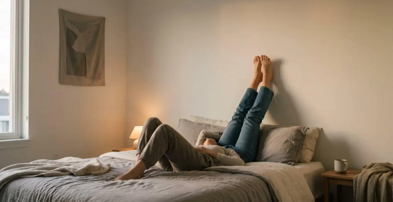 Personne allongée relevant ses jambes contre un mur pour soulager la sensation de jambes lourdes et gonflées en fin de journée