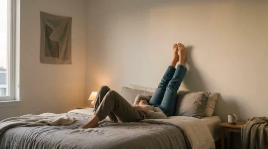 Personne allongée relevant ses jambes contre un mur pour soulager la sensation de jambes lourdes et gonflées en fin de journée