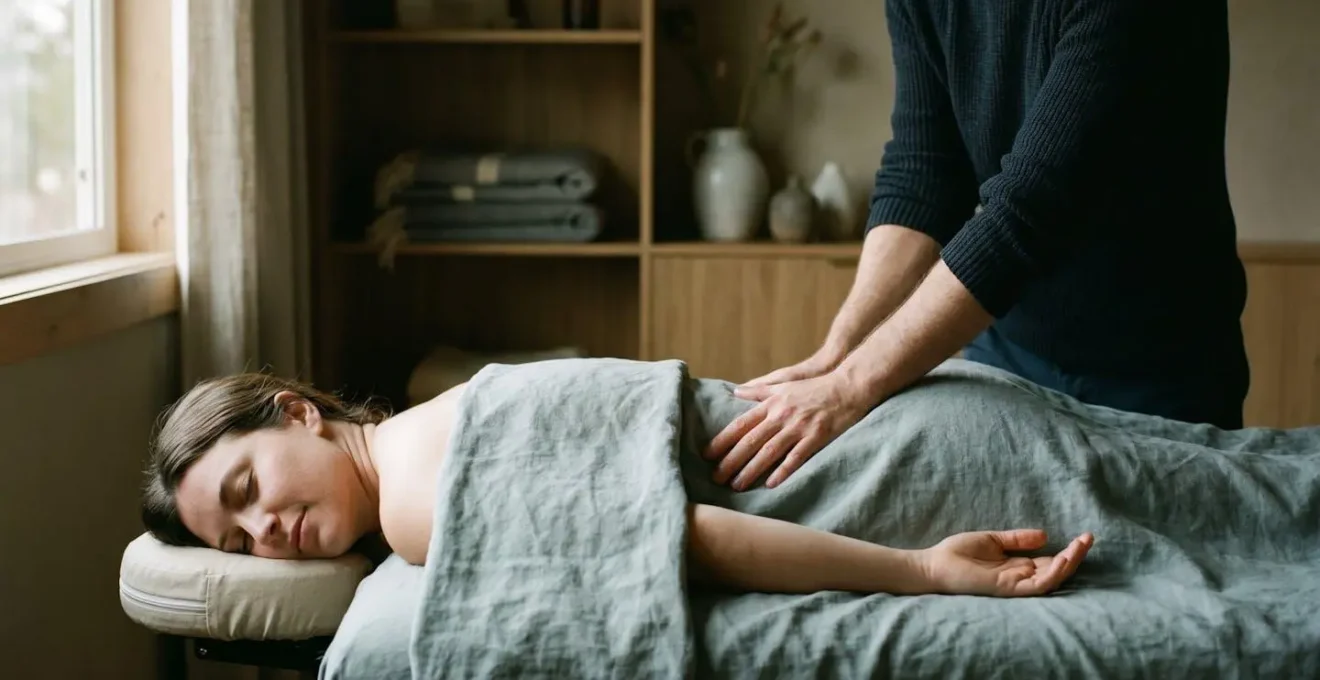 Personne allongée recevant un massage doux du bas du dos dans une lumière naturelle apaisante, illustrant le soulagement d'une lombalgie chronique