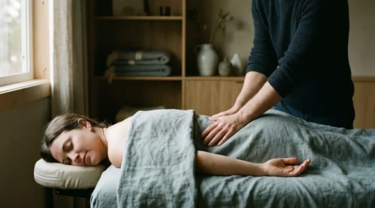 Personne allongée recevant un massage doux du bas du dos dans une lumière naturelle apaisante, illustrant le soulagement d'une lombalgie chronique