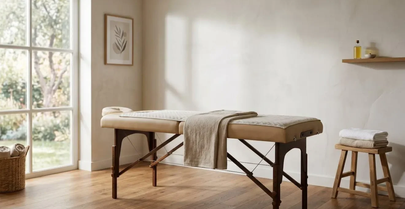 Table de massage professionnelle vide dans un cabinet lumineux, symbole du choix ergonomique entre confort client et protection du dos du praticien