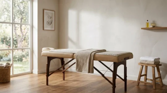 Table de massage professionnelle vide dans un cabinet lumineux, symbole du choix ergonomique entre confort client et protection du dos du praticien