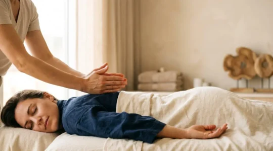 Praticien de massage effectuant des tapotements rythmés sur le dos d'un client dans une ambiance lumineuse et apaisante